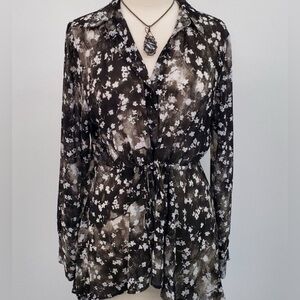 Women's Simply Vera, Vera Wang Tie Waist Button Up Blouse, Black, Size S